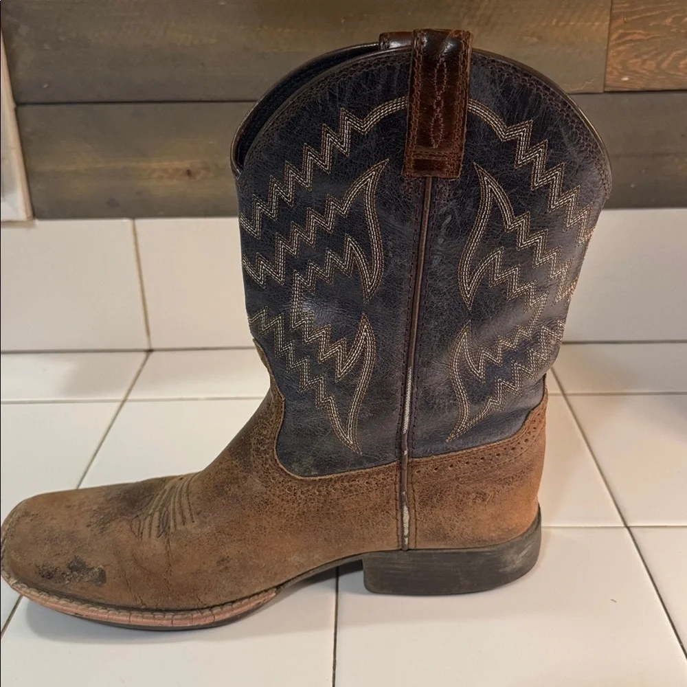 Ariat Kids Leather Square Tod Pull On Cowboy Western Boots Blue Brown Youth 4